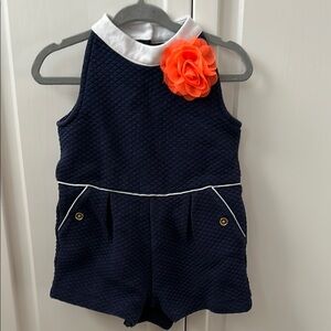 Janie and Jack Navy Blue Sleeveless Romper with Orange Flower, 12-18M
